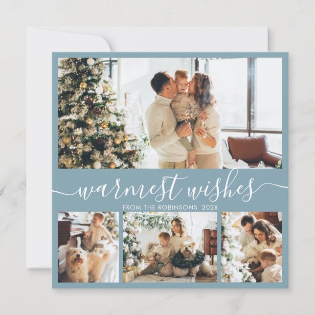 Warmest Wishes Elegant 4 Photo Collage Christmas Holiday Card (Front)