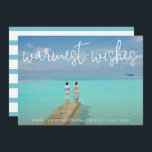 Warmest Wishes Elegant Beach Photo Christmas Holiday Card<br><div class="desc">Send out holiday cheer with this nautical themed flat Christmas card featuring a simple design with the words "warmest wishes" in an elegant thin white script,  along with your message over your favourite horizontal beach vacation photo.  The backside has aqua and white stripes.</div>