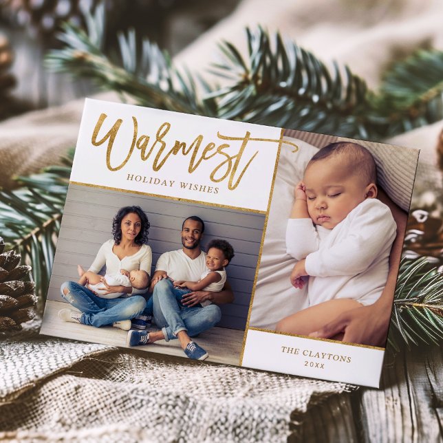Warmest Wishes Faux Gold Foil 2 Photo Holiday Card (Creator Uploaded)