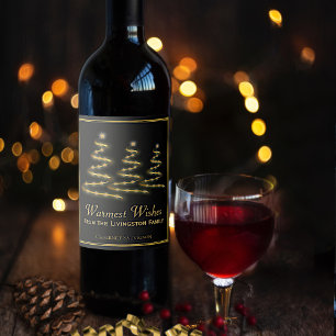 Warmest Wishes Gold & Black Christmas Trees Wine Label