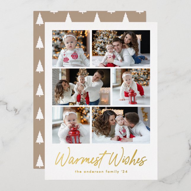 Warmest Wishes Gold Script 6 Photo Collage Foil Holiday Card (Front/Back)