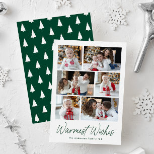 Warmest Wishes Green Script 6 Photo Collage Holiday Card