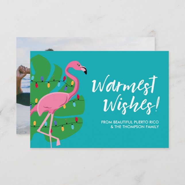 Warmest Wishes Holiday Flamingo blue Custom Photo Card (Front/Back)