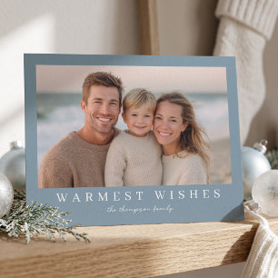 Warmest Wishes Modern Holiday Photo - Dusty Blue Card