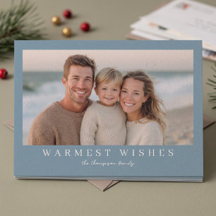 Warmest Wishes Modern Holiday Photo - Dusty Blue Card