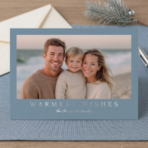 Warmest Wishes Modern Photo - Dusty Blue Foil Holiday Card