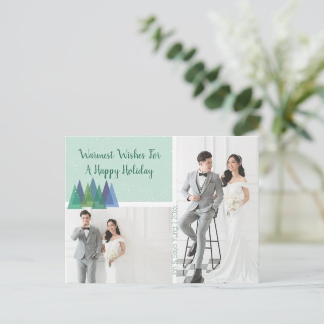 Warmest Wishes Modern Teal | 2 Photo Holiday Postcard (Standing Front)