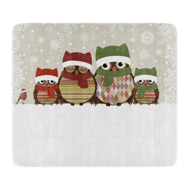 Warmest Wishes Owl Family Cutting Board Glass (Front)