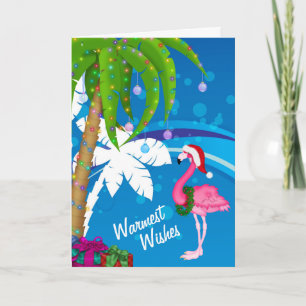 Warmest Wishes Palm Trees Flamingo Beach Christmas Holiday Card