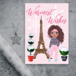 Warmest Wishes Paris Eiffel Tower Pink Christmas Holiday Card<br><div class="desc">This beautiful Paris holiday card features the Eiffel Tower with a totally chic girl wearing a scarf that reads "It's Winter Baby" next to some snow covered topiaries. White snowflakes are falling in the background that has monochromatic elements with "Warmest Wishes" text. Easily personalise the inside of this card with...</div>