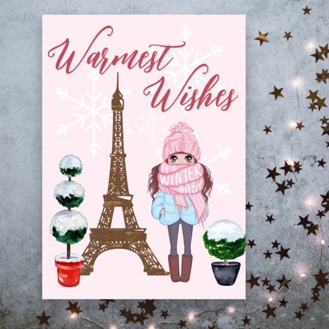 Warmest Wishes Paris Eiffel Tower Pink Christmas Holiday Card (Creator Uploaded)