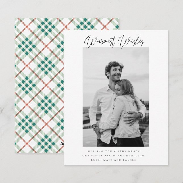 Warmest Wishes Photo Plaid Christmas Holiday Card (Front/Back)