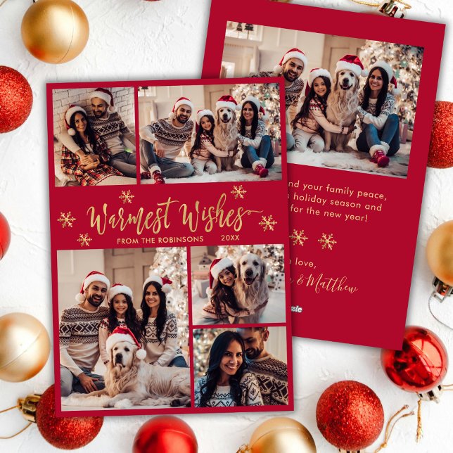 Warmest Wishes Red Gold Photo Collage Christmas Holiday Card (Creator Uploaded)