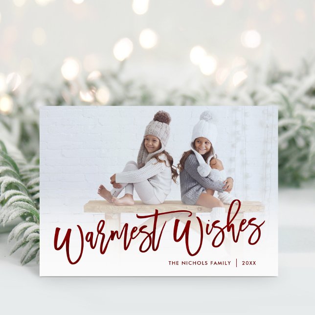 Warmest Wishes Red Script Photo Overlay Holiday Card (Creator Uploaded)