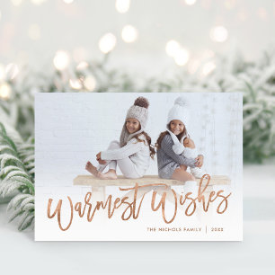Warmest Wishes Rose Gold Script Photo Overlay Holiday Card