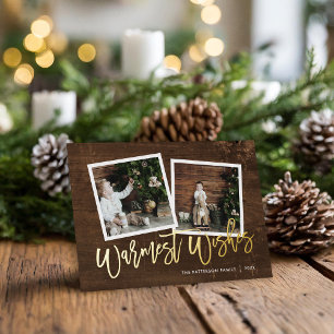 Warmest Wishes Rustic Gold Script Photo Foil Holiday Card