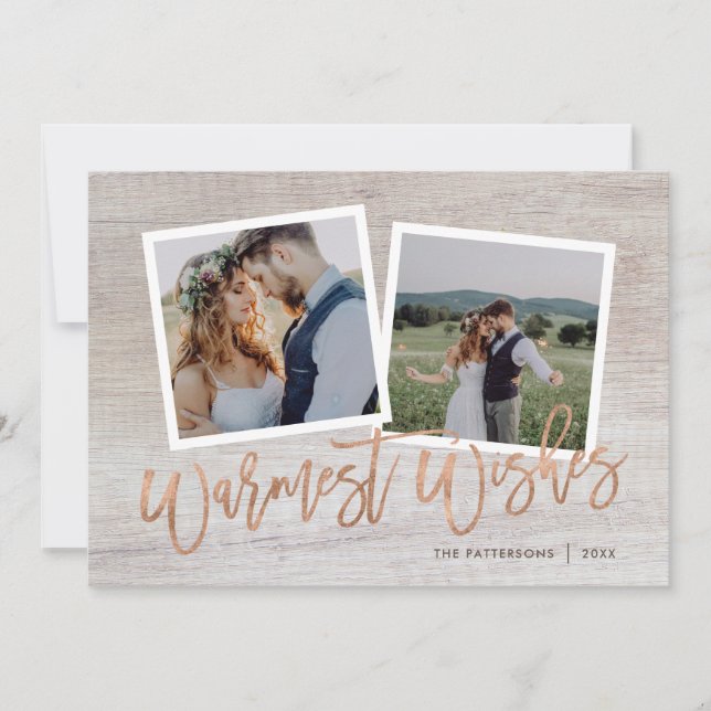 Warmest Wishes Rustic Rose Gold Script Photo Holiday Card (Front)