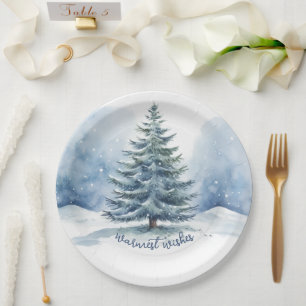 Warmest Wishes Snow Covered Evergreen Tree Paper Plate