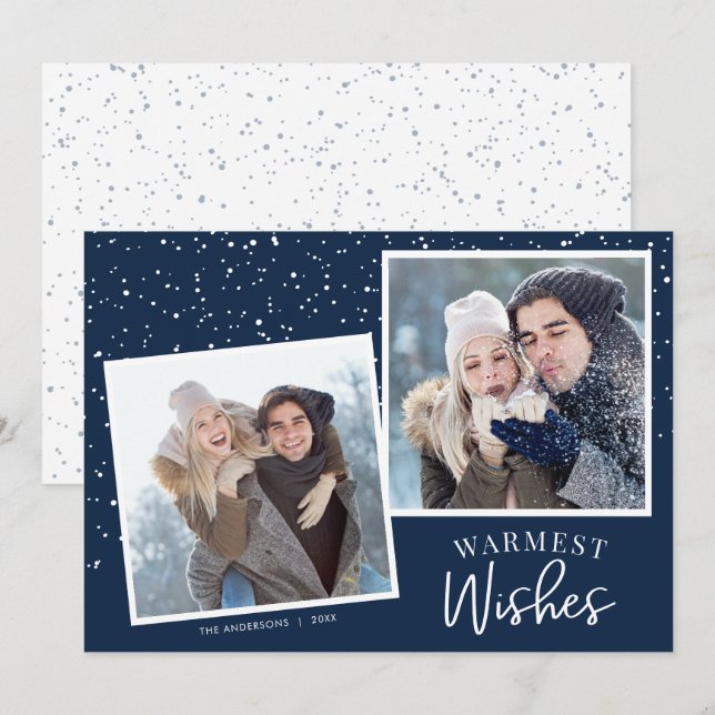Warmest Wishes Snow Dark Blue 2 Photos Christmas Holiday Card (Front/Back)