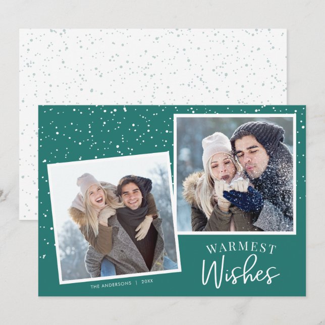 Warmest Wishes Snow Dark Teal 2 Photos Christmas Holiday Card (Front/Back)