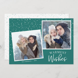 Warmest Wishes Snow Dark Teal 2 Photos Christmas Holiday Card