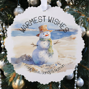 Warmest Wishes Snowman Beach Sand  Tree Decoration Card