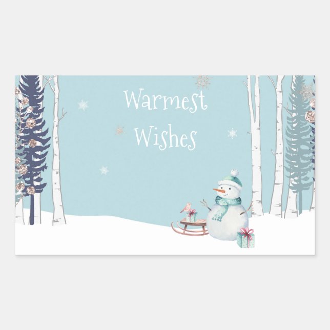 Warmest Wishes Snowman with Sled Snowing Teal Rectangular Sticker (Front)