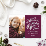 Warmest Wishes Vintage Burgundy Christmas Photo Holiday Card<br><div class="desc">Vintage style Christmas photo card greeting features a "Warmest wishes this Xmas" white script text design with a pair of cosy winter mittens and winter pattern of stars and snowflakes.  Personalise with your photo and custom text.  Burgundy red,  white,  and light grey colour scheme.</div>