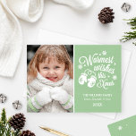 Warmest Wishes Vintage Mint Green Photo Holiday Card<br><div class="desc">Classic Christmas photo card greeting features "Warmest wishes this Xmas" white script text design with a pair of cozy winter mittens and accent pattern of stars and snowflakes.  Personalize with your photo and custom text.  Green background color can be customized.</div>