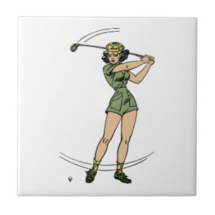 Warming Up for Golf Lady Golfer Tile
