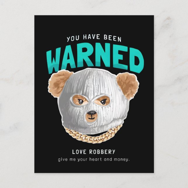Warned slogan with bear doll in hood mask vector i postcard (Front)