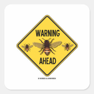 Warning Bees Ahead Three Bees Yellow Diamond Sign Square Sticker