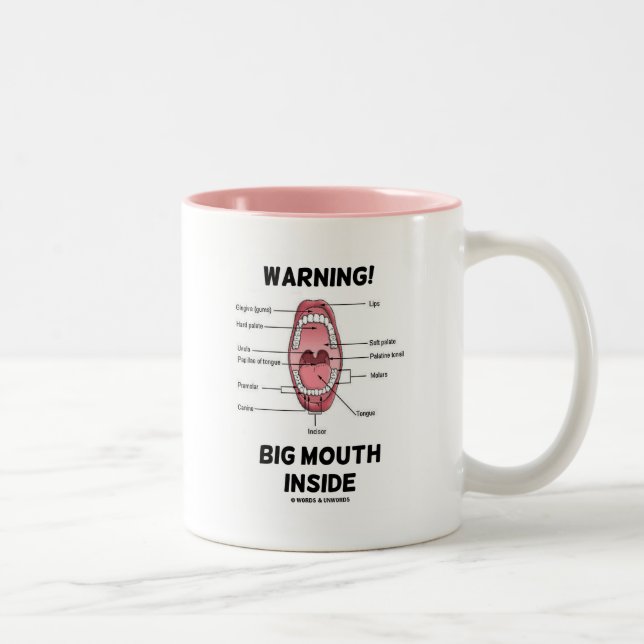 Warning! Big Mouth Inside (Oral Cavity Anatomy) Two-Tone Coffee Mug (Right)