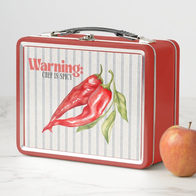 Warning Chef is Spicy Red Chilli Pepper Kitchen Ar Metal Lunch Box (In Situ)