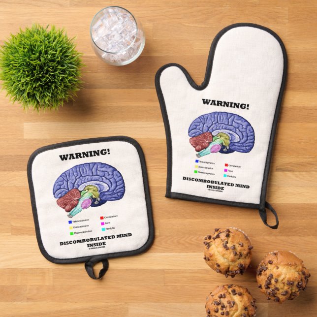 Warning! Discombobulated Mind Inside Brain Humor Oven Mitt & Pot Holder Set (Top Down)