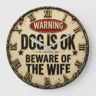 Warning Dog Is OK Beware of the Wife Funny Large Clock