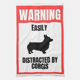 'Warning: Easily Distracted By Corgis' Funny Gift Tea Towel