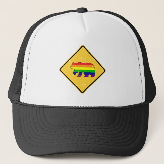 Warning! (Gay) Bear Crossing - distressed Trucker Hat (Front)