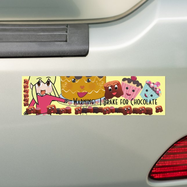 Warning I brake for Chocolate Chibi - Customised Bumper Sticker (On Car)