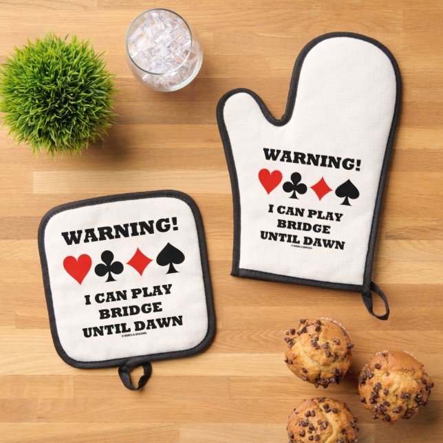 Warning! I Can Play Bridge Until Dawn Card Suits Oven Mitt & Pot Holder Set (Top Down)
