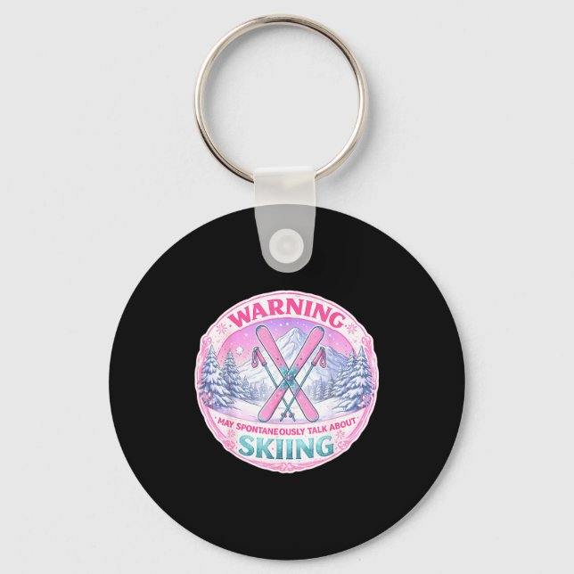 Warning may spontaneously talk about skiing woman key ring (Front)