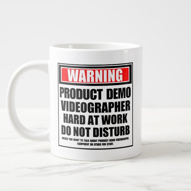 Warning Product Demo Videographer Hard At Work Large Coffee Mug (Left)