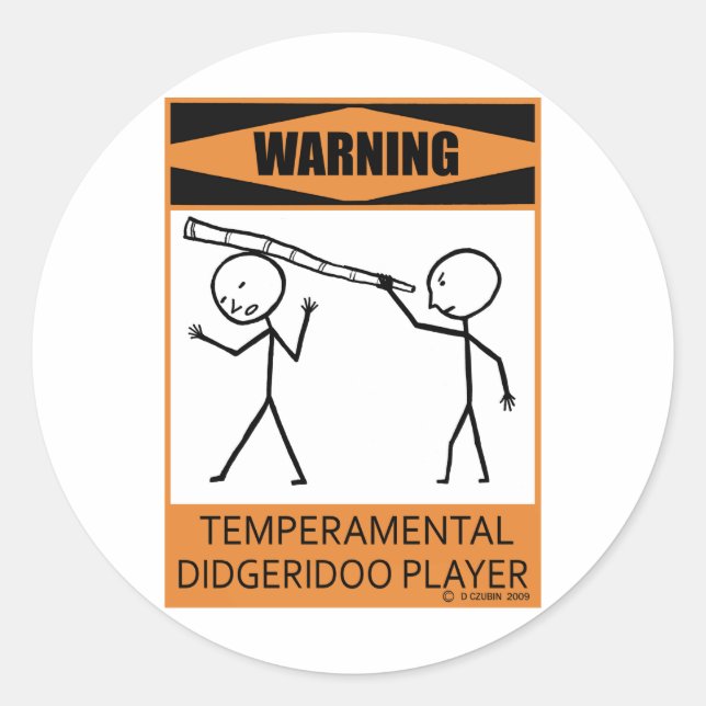 Warning Temperamental Didgeridoo Player Classic Round Sticker (Front)