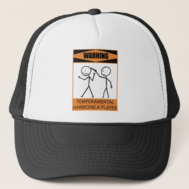 Warning Temperamental Harmonica Player Trucker Hat (Front)