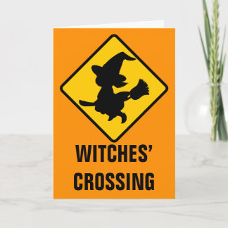 Warning Witches Flying on Broomsticks Ahead Card