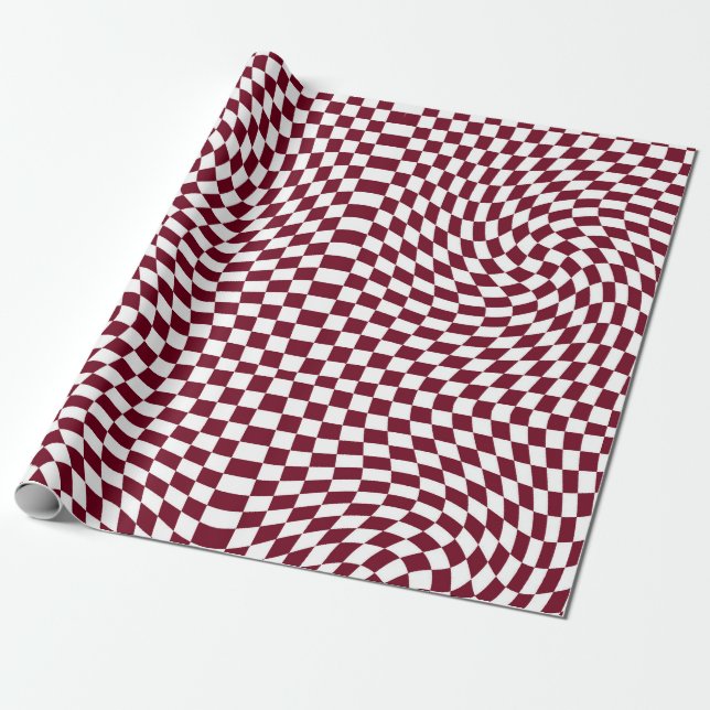 Warped Burgundy Red White Checks Chequered    Wrapping Paper (Unrolled)