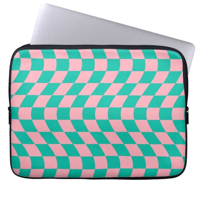 Warped Check Retro Chequerboard Pink Green Pattern Laptop Sleeve (Front)