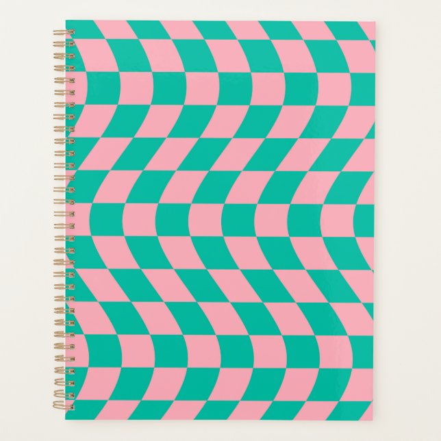 Warped Check Retro Chequerboard Pink Green Pattern Planner (Front)