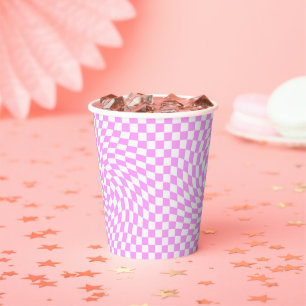  Warped Chequered Pattern Pink and White Fashion  Paper Cups