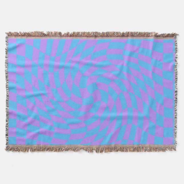Warped Pale-Blue and Lavender Chequered  Throw Blanket (Front)